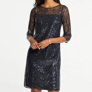 Ann Taylor Sequin Lace Shift Dress Black 3/4 Sleeve Size 8